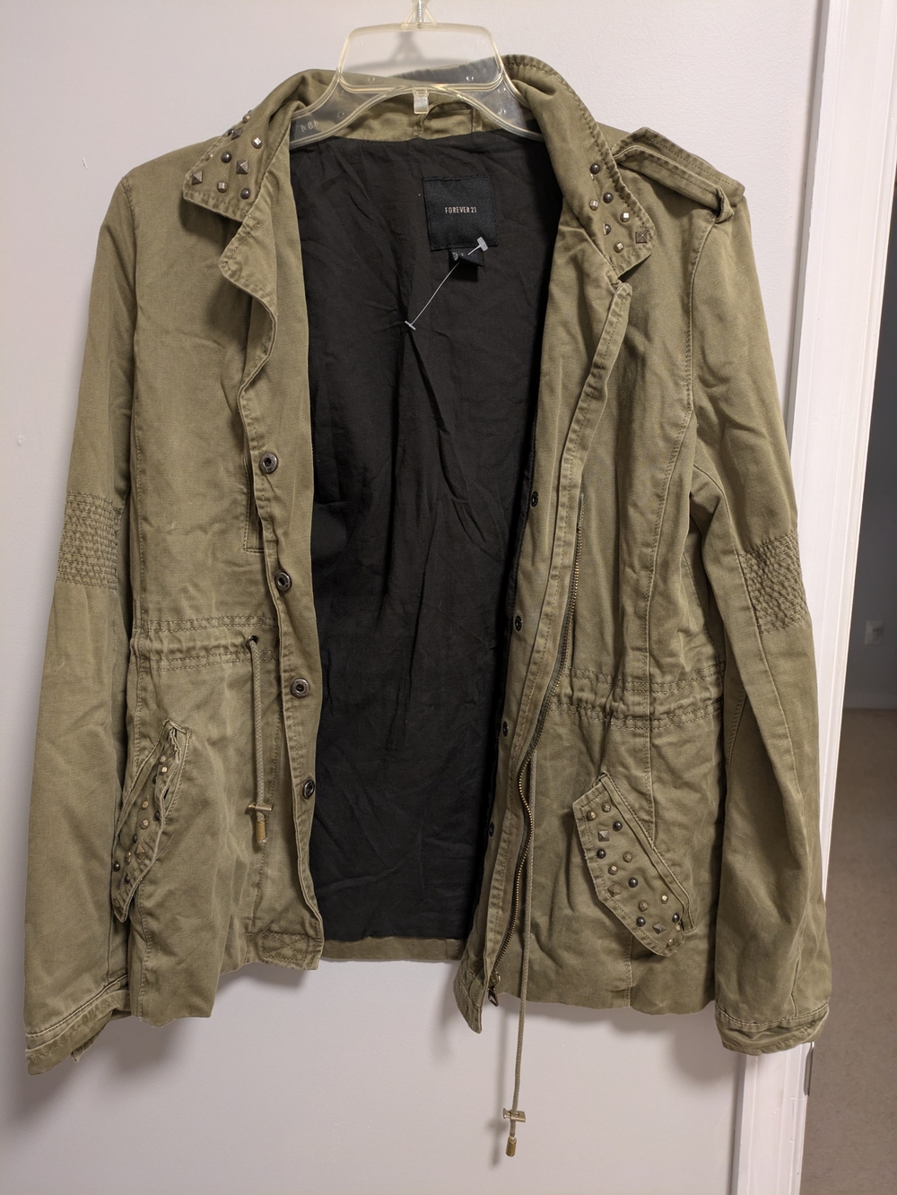 Forever 21 Olive Stud-Detail Utility Jacket With Drawstring Waist Size S